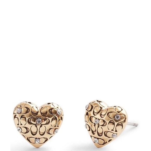 Coach Signature Logo Quilted Heart Crystal Stud Earrings - Picture 1 of 4
